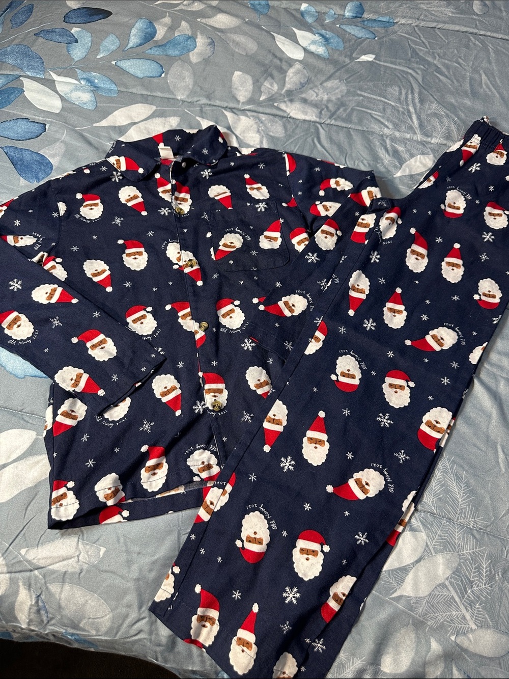 EUC Old Navy Navy Blue Kids Santa Print Pajama Set Sz L 10-12 unisex 🎅🏻